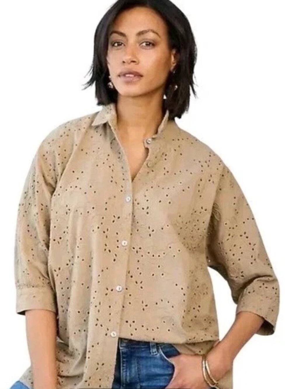 PureJill Elements Tan Embroidered Eyelet Lace Button-Up Blouse Plus Bohemian 3X